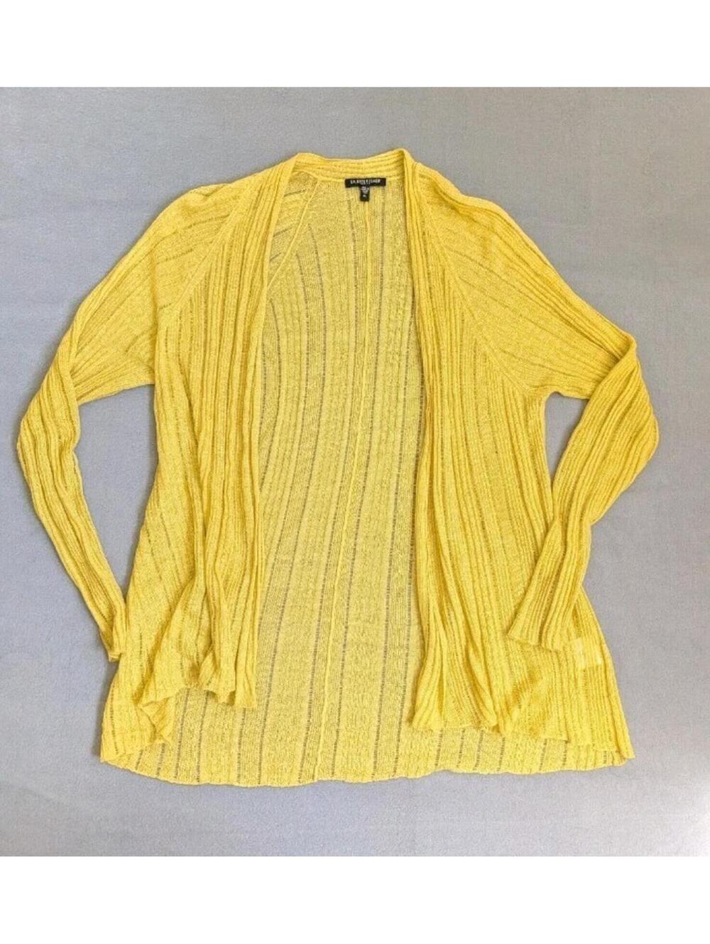 Eileen Fisher Sweater Cardigan Womens Petite Large Yellow Linen Silk Open Knit